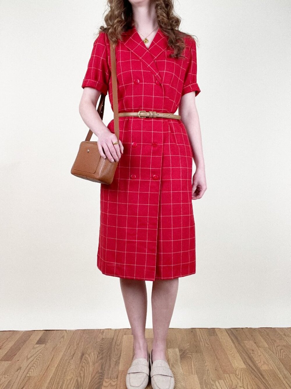 Vintage 90s French Midi Dress Double Breasted Plaid Check Print Office Work Wear - Picture 10 of 10